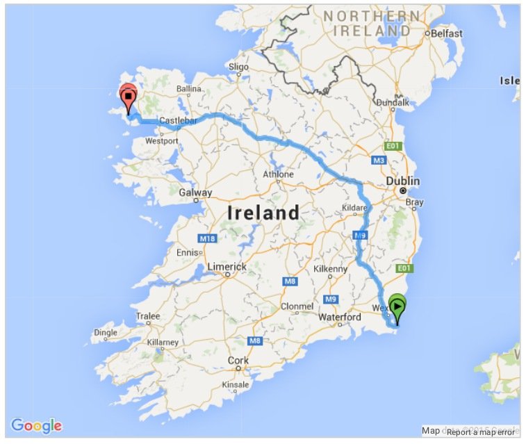 Route map Rosslare to Achill